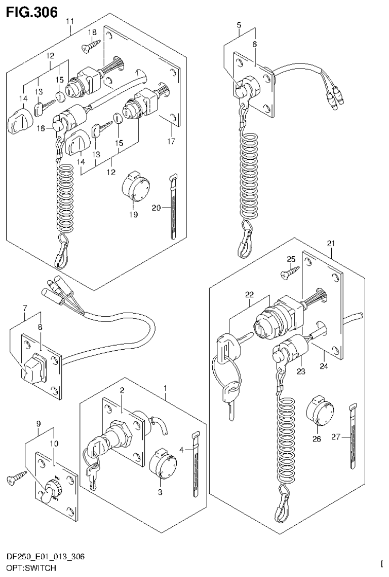Suzuki DF200T, DF200Z, DF225T, DF225Z, DF250T, DF250Z OPT:SWITCH parts diagram